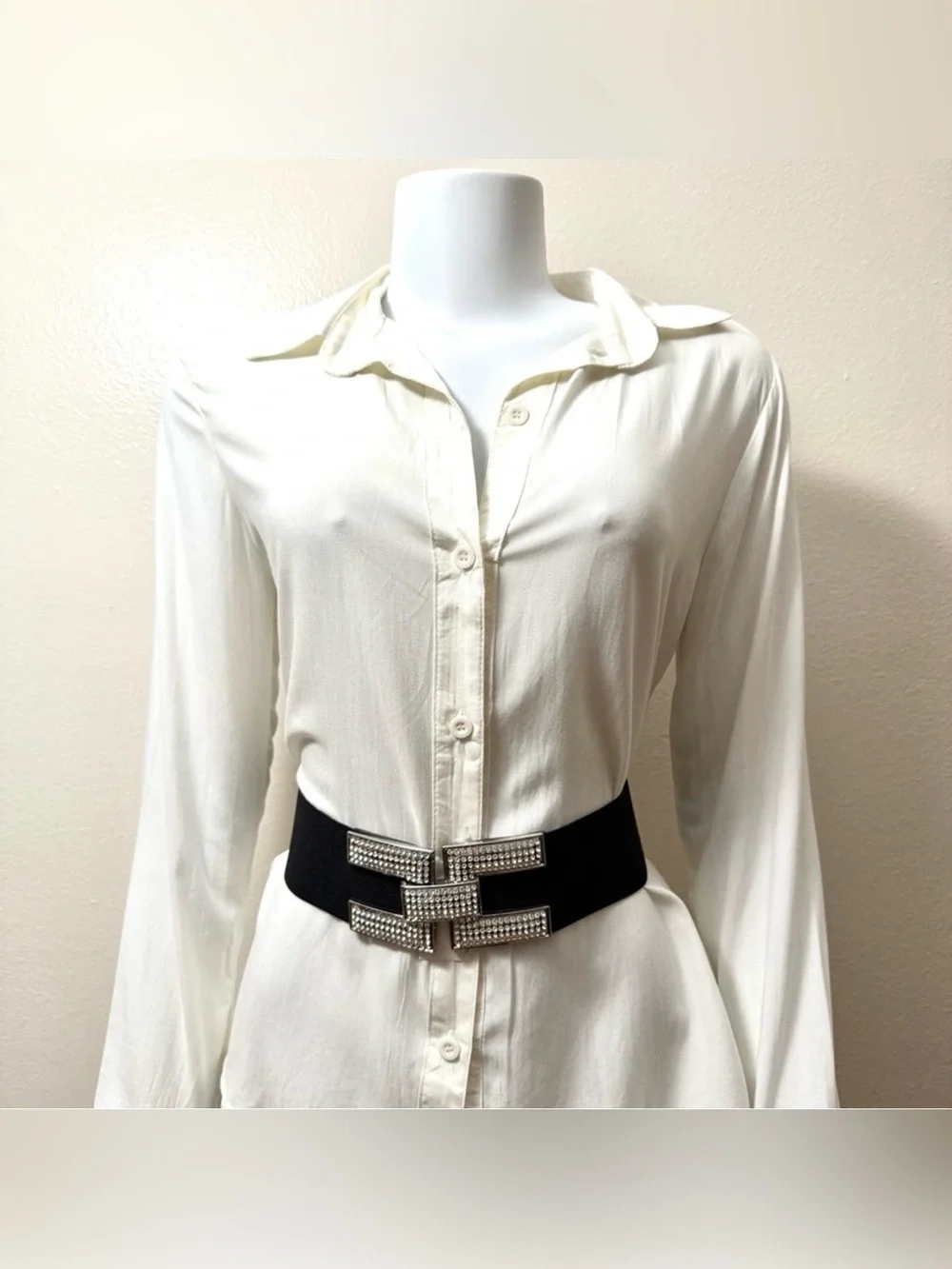 Black PU leather elastic waistband belt with silver buckle and rhinestone